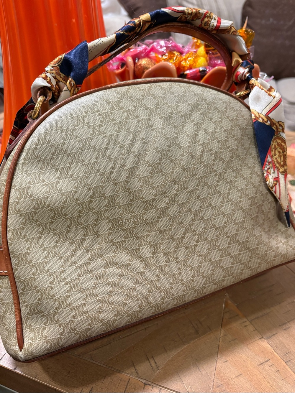 Celine Beige Monogram Dome Satchel with Tan Leather Trim - Picture 2 of 11
